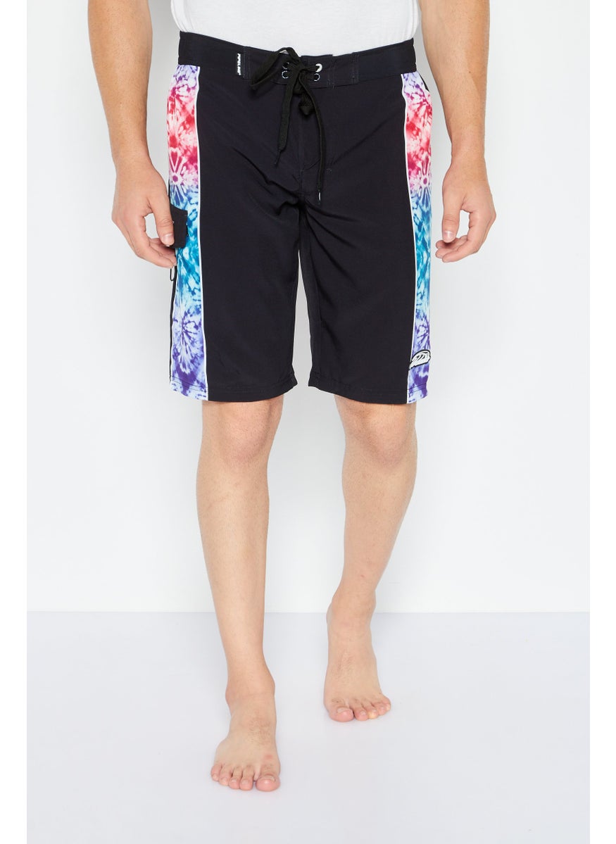 Men Drawstring Printed Board Short, Black Combo