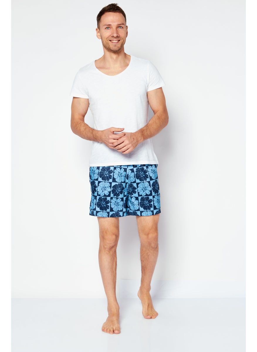 Men Floral Pattern Swimwear Board Shorts, Blue