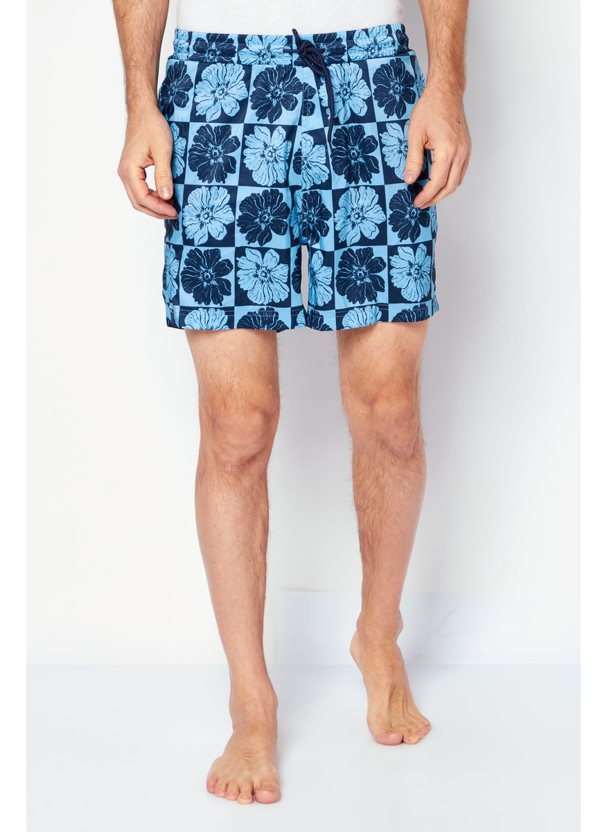 Men Floral Pattern Swimwear Board Shorts, Blue