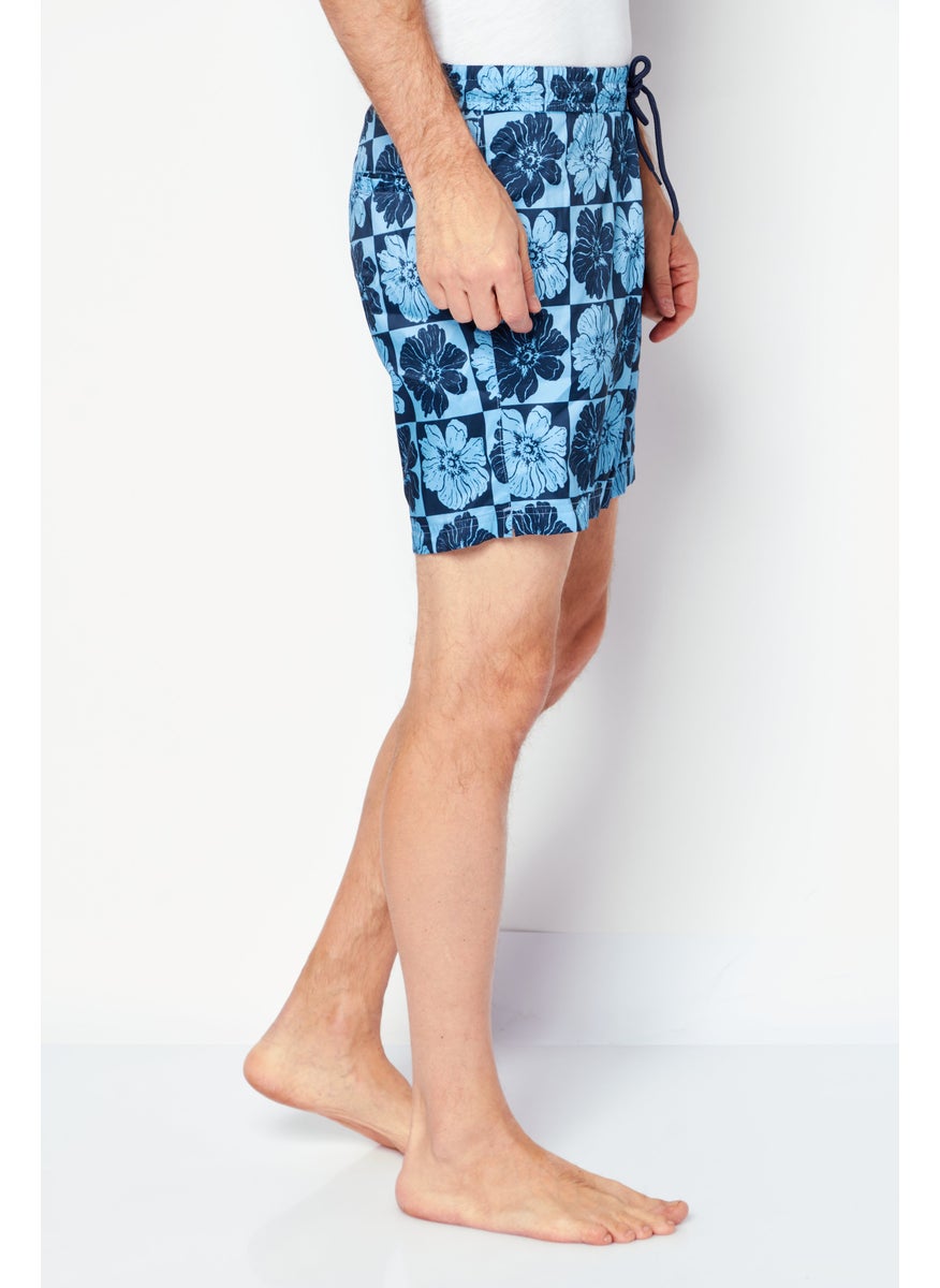 Men Floral Pattern Swimwear Board Shorts, Blue