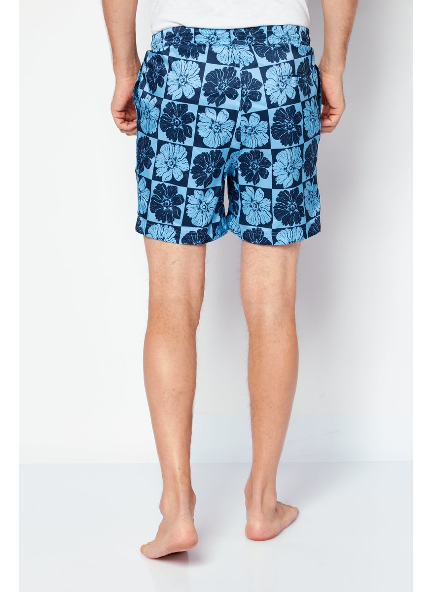 Men Floral Pattern Swimwear Board Shorts, Blue