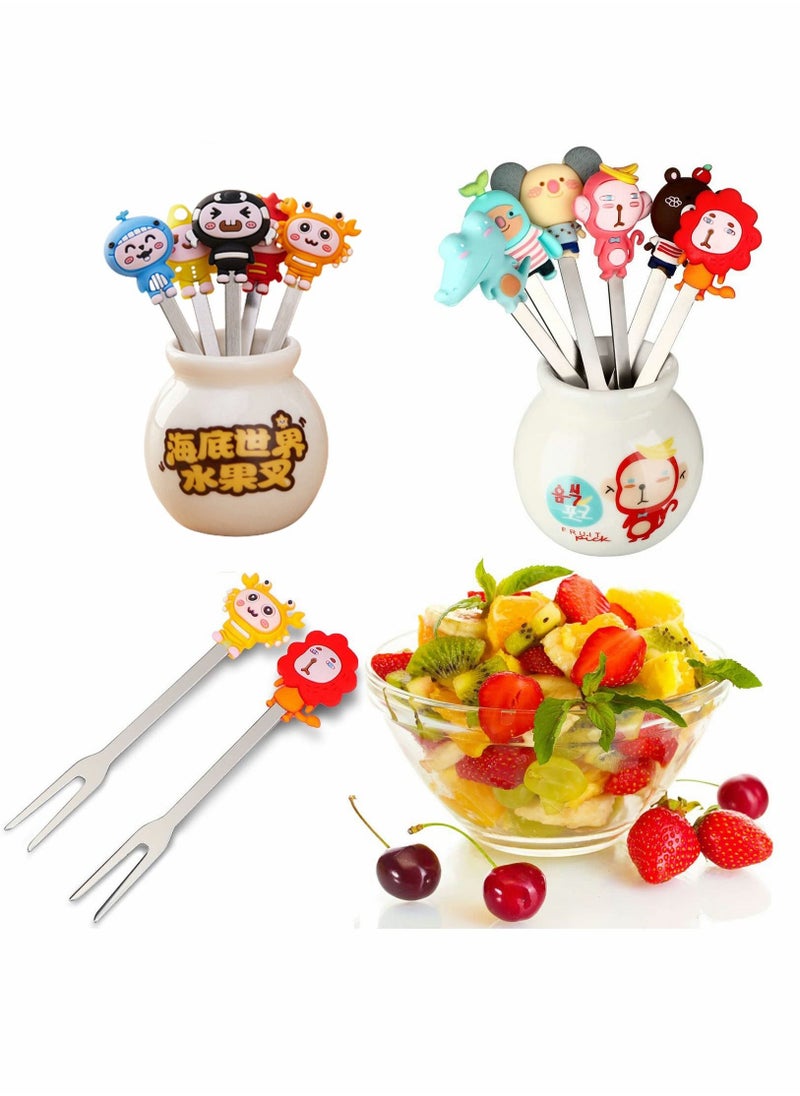 Fruit Fork, Cartoon Animal Silicone Handle Stainless Steel Kids Salad Reusable with Ceramic Storage Jar Food Toothpicks Suitable for Dessert Snacks