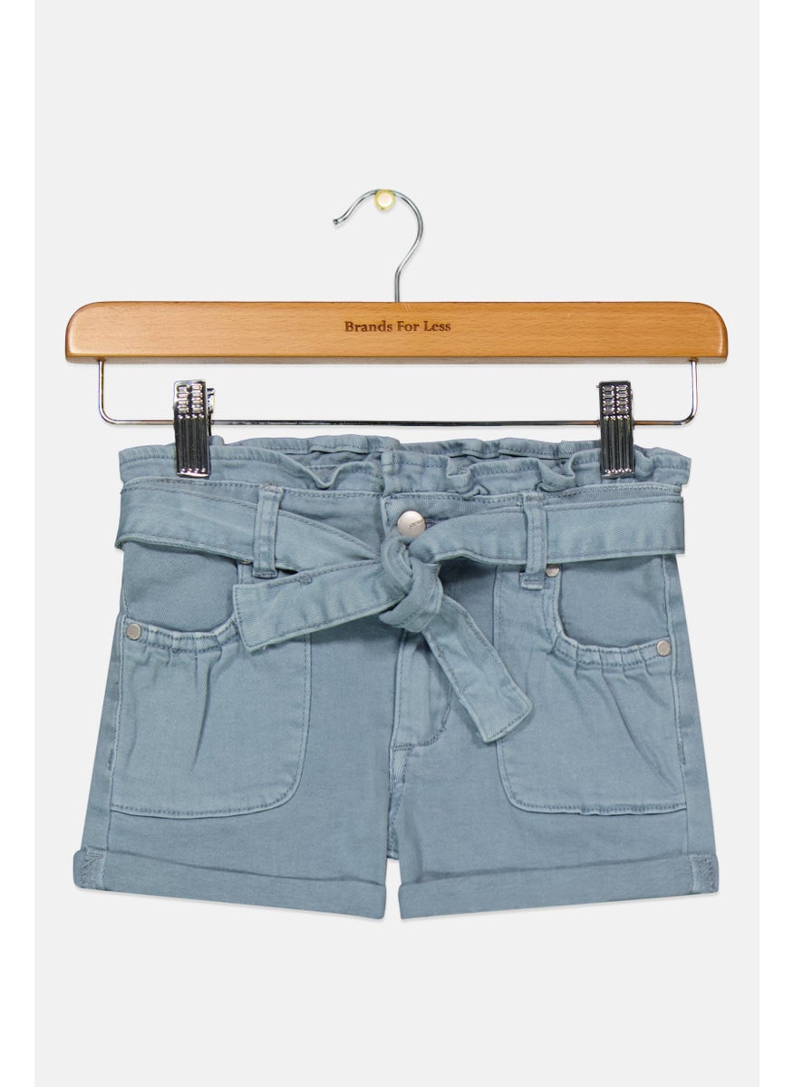 Kids Girl Solid Belted Denim Shorts, Blue