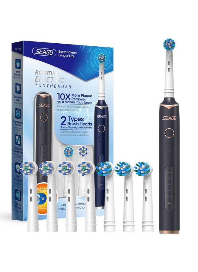 Rotating Electric Toothbrush With 8 Brush Heads For Adults, 5 Modes Rechargeable Power Toothbrush, 2 Min Smart Timer And Ipx7 Waterproof (Black)