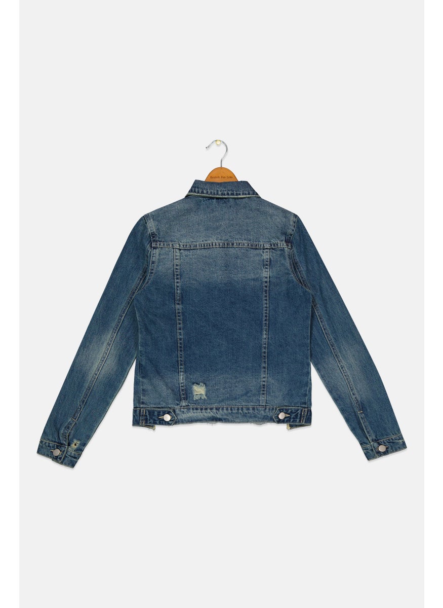 Kids Girl Washed Denim Jacket, Blue