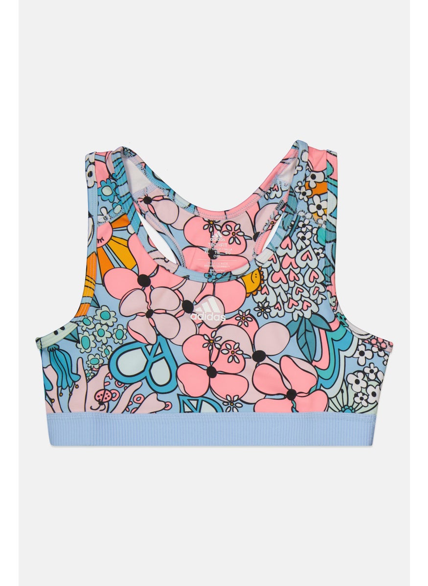 Kids Girls Allover Printed Sports Bra, Blue Combo