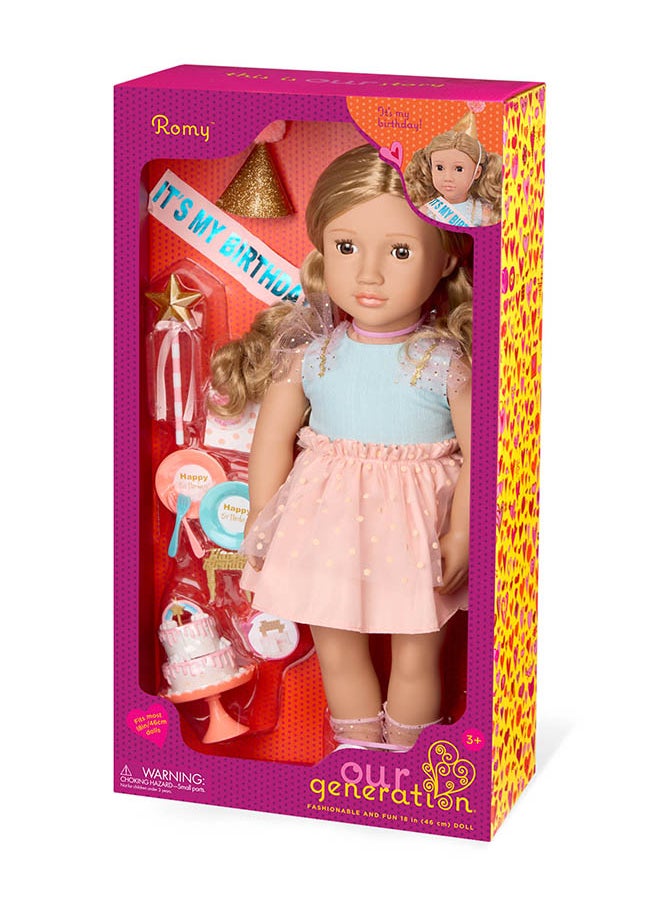 Fashionable 18-inch Birthday Party Girl Doll with Birthday Party Accessories, Gifting Toys, Age 6+ years, Character-Romy