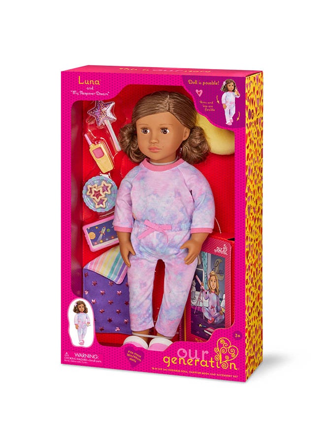 Fashionable 18-inch Deluxe Pajama Girl Doll with Book and Accessories, Gifting Toys, Age 6+ years, Character-Luna