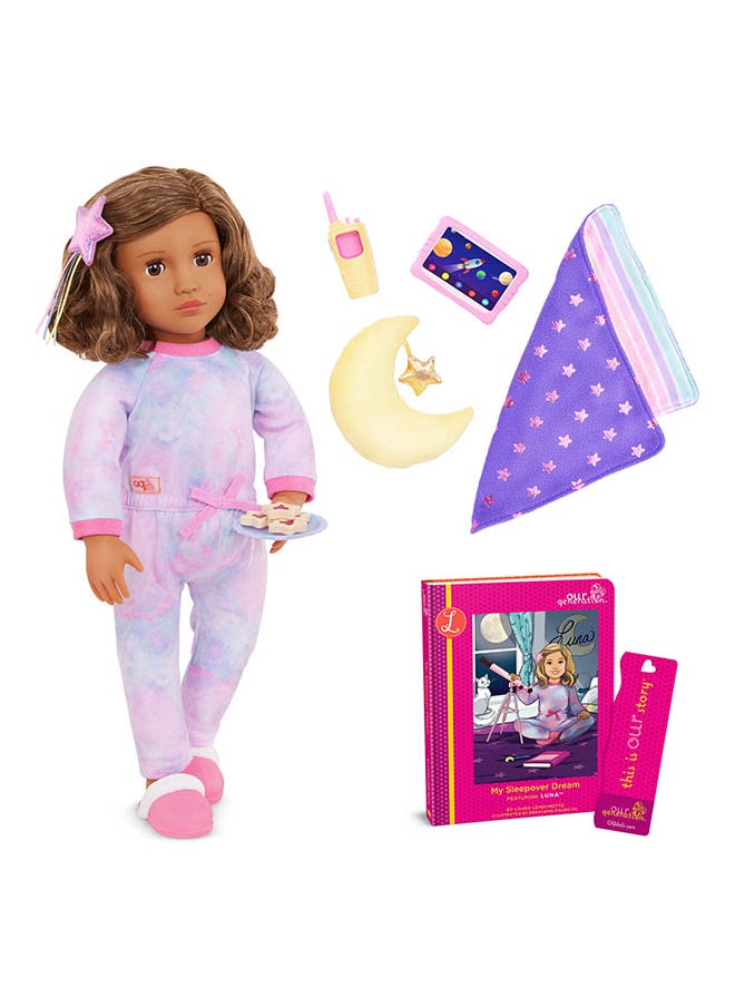 Fashionable 18-inch Deluxe Pajama Girl Doll with Book and Accessories, Gifting Toys, Age 6+ years, Character-Luna