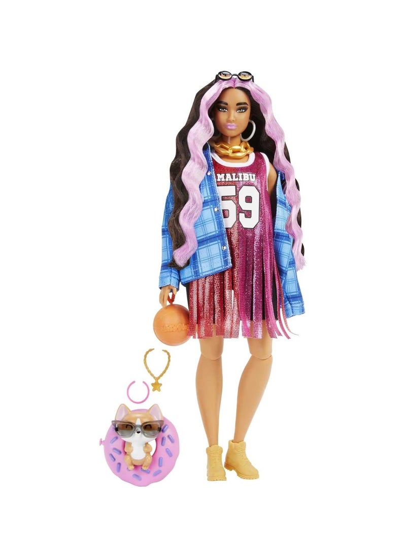 Barbie Extra Doll 13 in Basketball Jersey & Bike Shorts with Pet Corgi, 3 Year Olds & Up, HDJ46