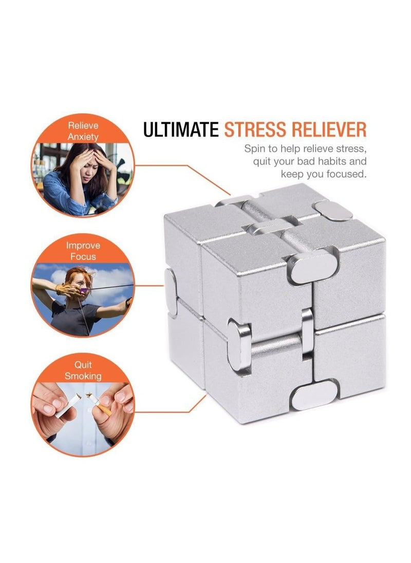 Fidget Rubik's Cube New Version Fidget Finger Toys - Metal Infinity Rubik's Cube for Stress and Anxiety Relief/ADHD, Super Durable Sensory Gift for Adults and Teens Kids (Silver)