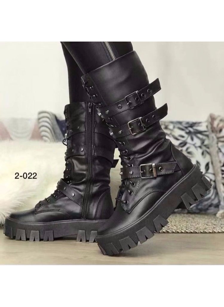 Autumn Mid-Heel British Belted Punk Ladies Leather Boots Black