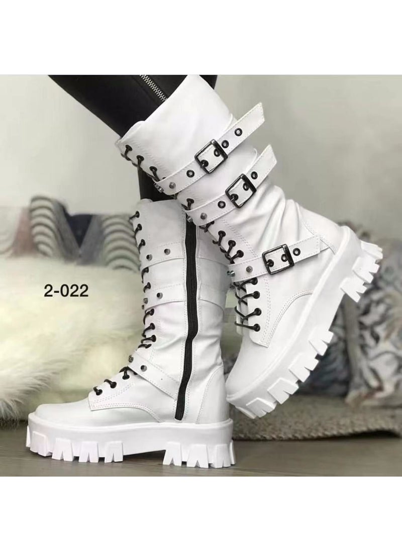 Autumn Mid-Heel British Belted Punk Ladies Leather Boots White