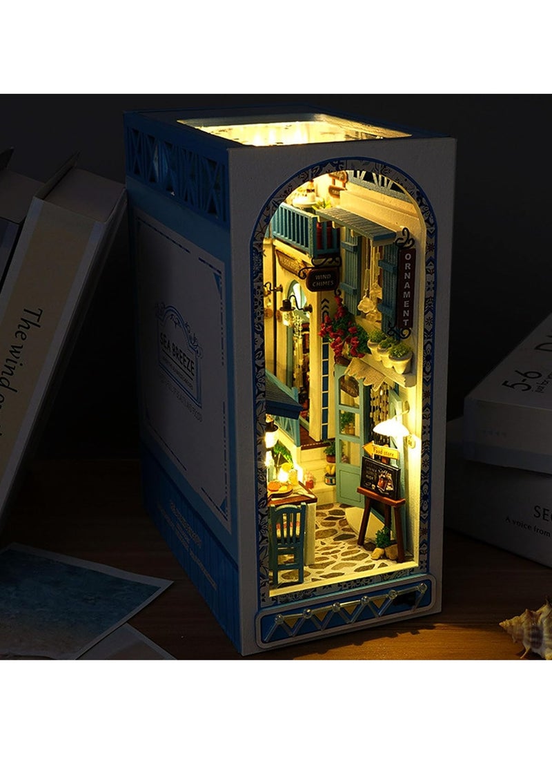 DIY Book Corner Kit, 3D Wooden Puzzle Book Corner, Decorative Bookends, Bookshelf Insert Decorative Alley with Furniture and LED Lights for Birthday Home Desk Decoration (Sea Breeze Realm)