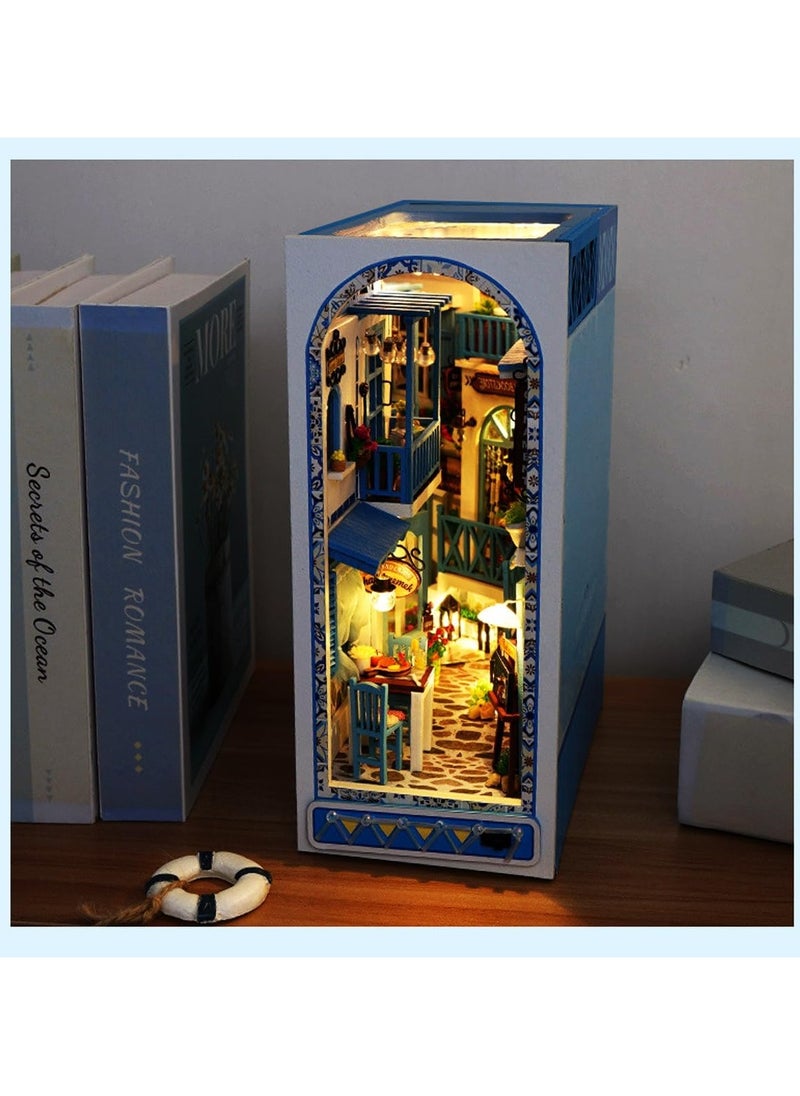 DIY Book Corner Kit, 3D Wooden Puzzle Book Corner, Decorative Bookends, Bookshelf Insert Decorative Alley with Furniture and LED Lights for Birthday Home Desk Decoration (Sea Breeze Realm)