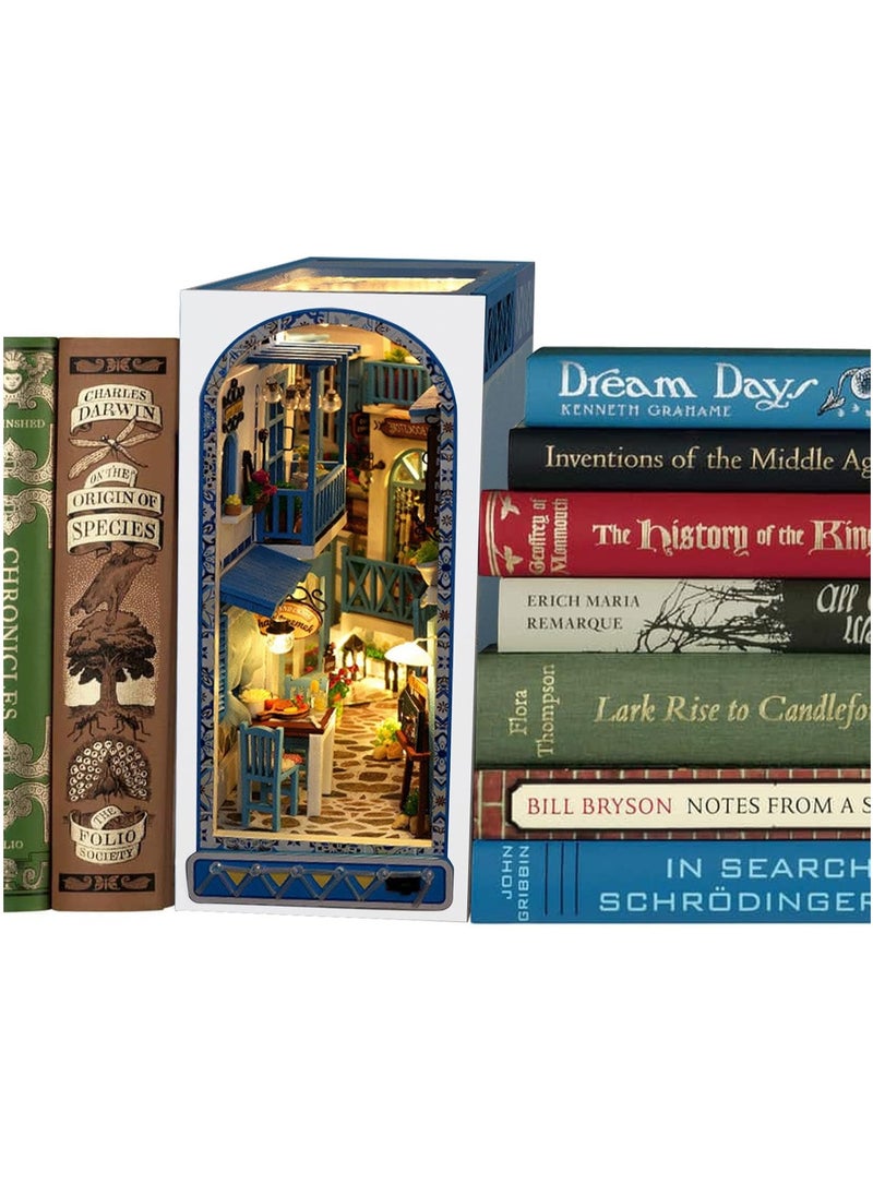 DIY Book Corner Kit, 3D Wooden Puzzle Book Corner, Decorative Bookends, Bookshelf Insert Decorative Alley with Furniture and LED Lights for Birthday Home Desk Decoration (Sea Breeze Realm)