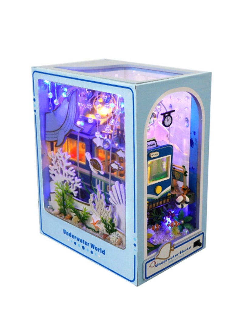 DIY Book Corner Kit, 3D Wooden Puzzle Book Corner, Decorative Bookends, Bookshelf Insert Decorative Alley with Furniture and LED Lights for Birthday Home Desk Decoration (Undersea Guide)