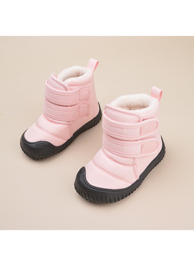 Winter New Velcro fleece-lined Childrens Snow Boots Korean Casual Cotton Shoes Warm Soft Bottom Cotton Boots for Boys and GirlsPink Pink