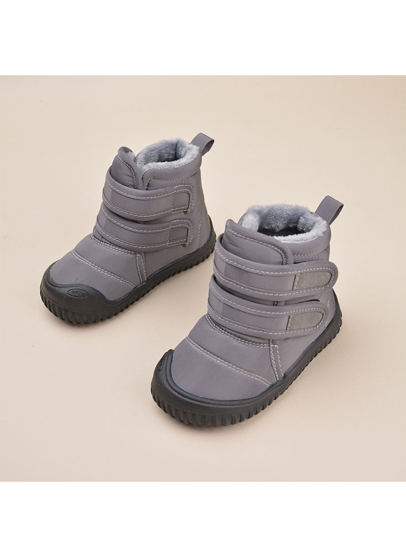 Winter New Velcro fleece-lined Childrens Snow Boots Korean Casual Cotton Shoes Warm Soft Bottom Cotton Boots for Boys and GirlsGrey Grey