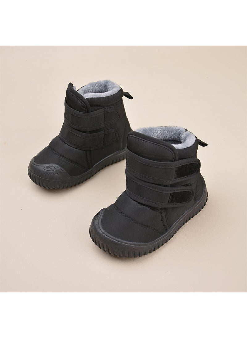 Winter New Velcro fleece-lined Childrens Snow Boots Korean Casual Cotton Shoes Warm Soft Bottom Cotton Boots for Boys and GirlsBlack Black