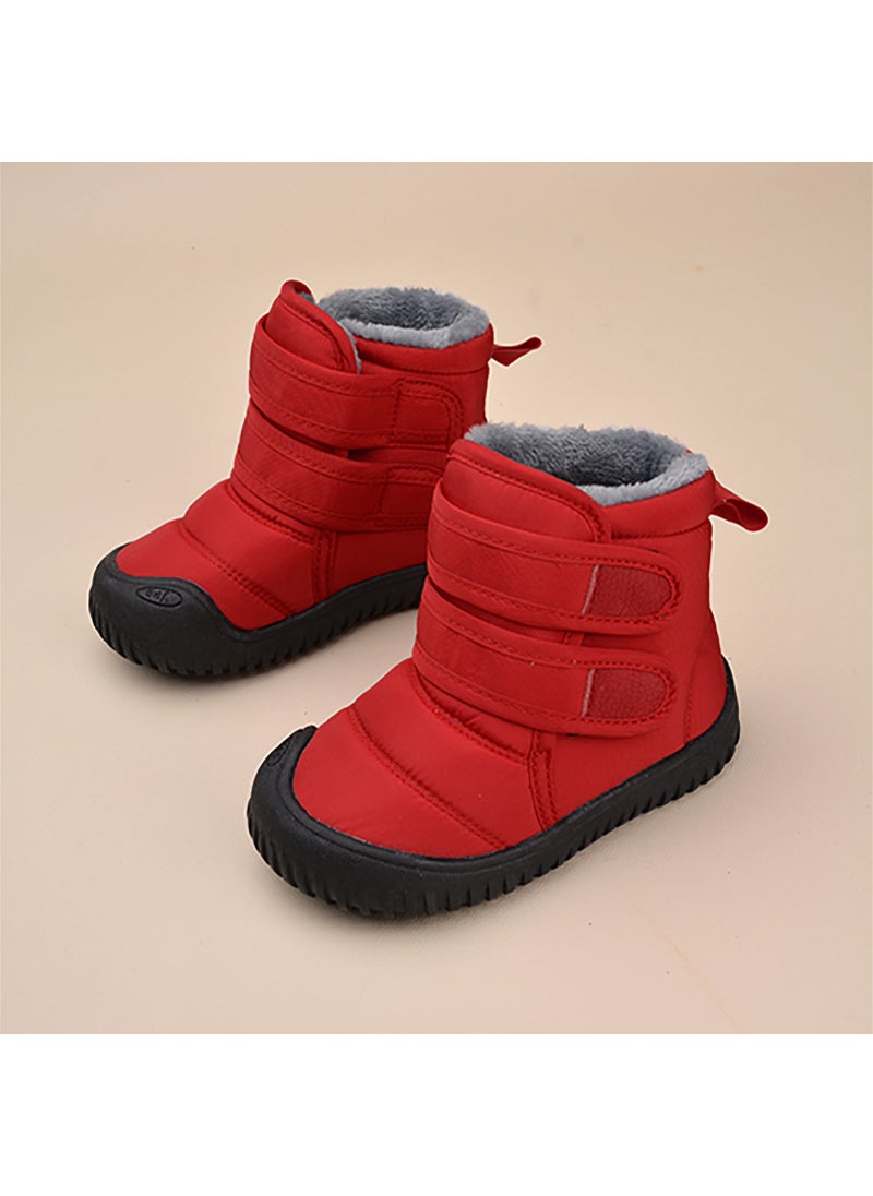 Winter New Velcro fleece-lined Childrens Snow Boots Korean Casual Cotton Shoes Warm Soft Bottom Cotton Boots for Boys and GirlsRed Red