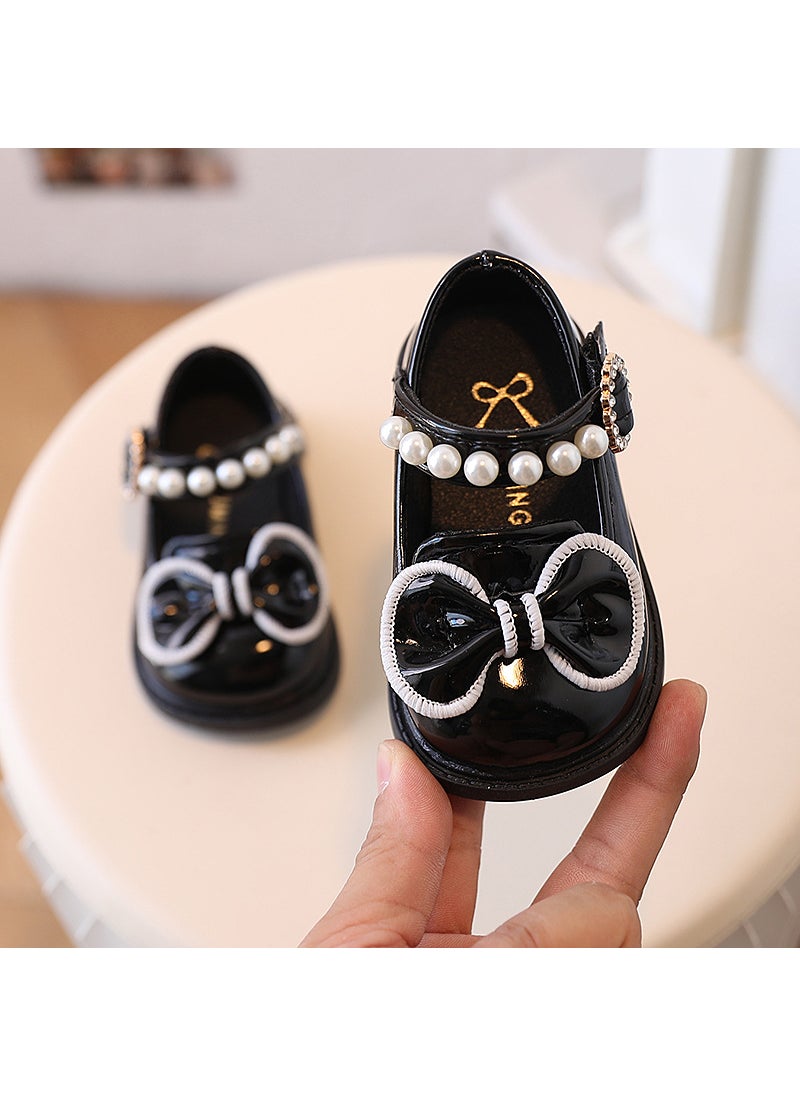 2023 Childrens Leather Shoes Princess Shoes Spring and Autumn Soft-soled Baby Toddler Shoes Womens Baby Shoes Girls Pea Shoes Single-layer ShoesBlack Black