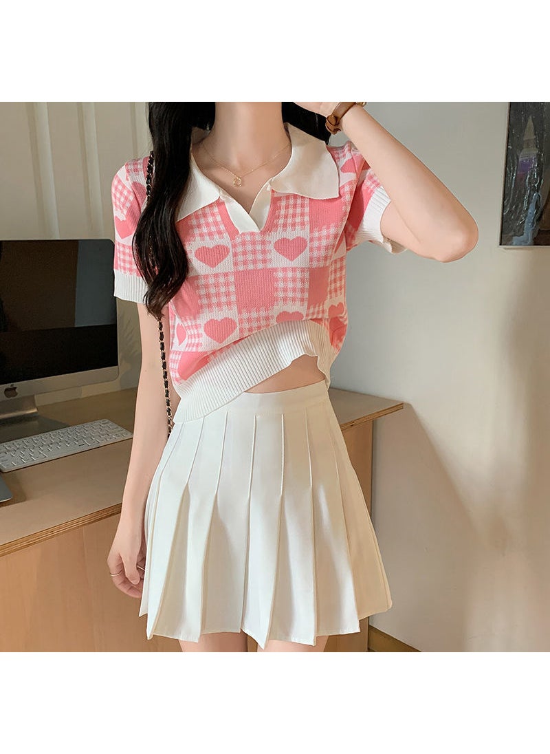 Chic Slim-Fit Knit Polo Tee for Women Pink