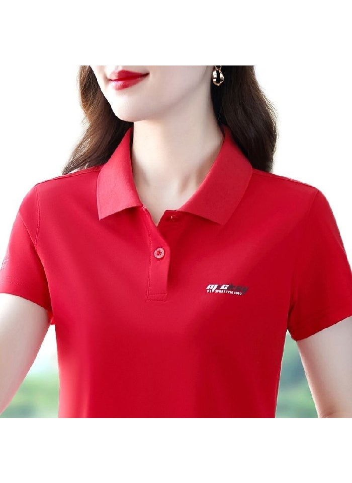 Korean Slim-Fit Polo Shirt Summer Casual Tee Women A31-Red