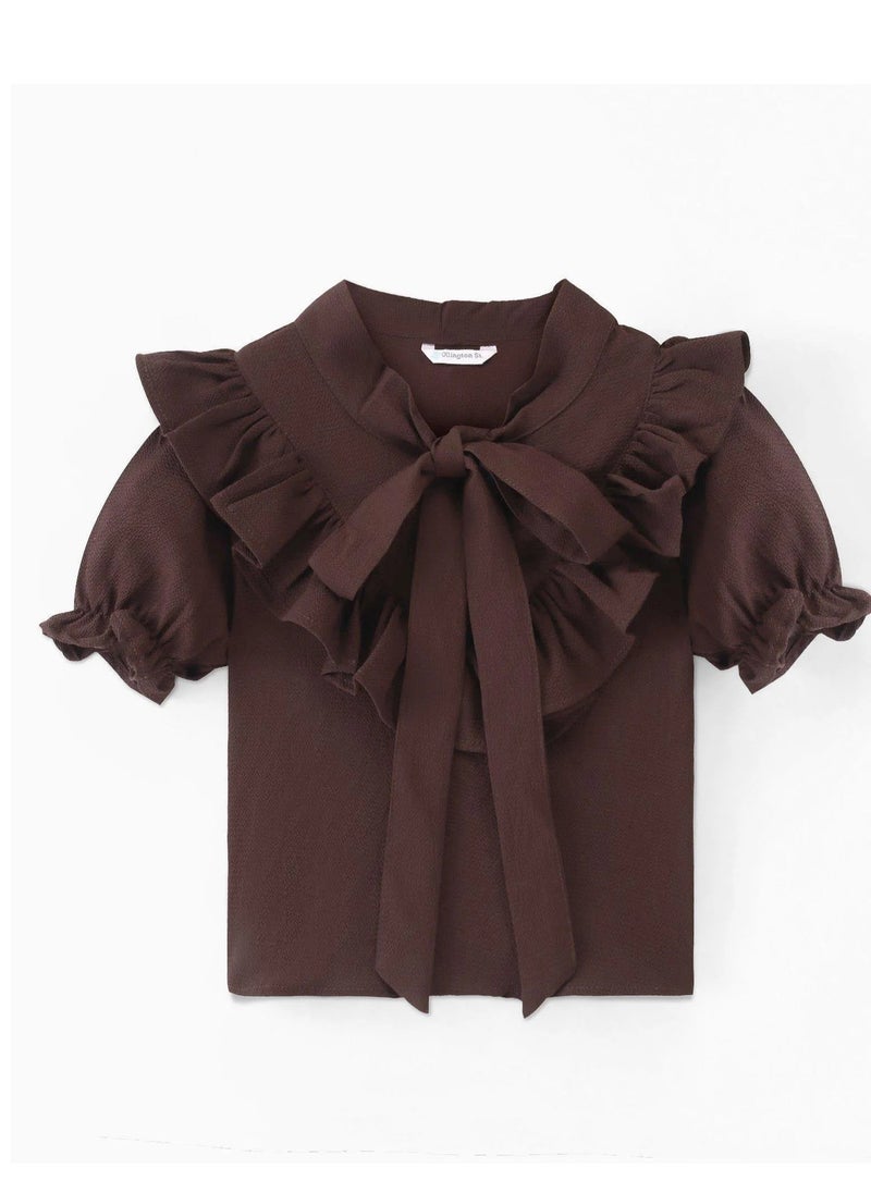 OLLINGTON ST. Woven Frill Sleeves Top With Bow & Twill Culottes & Belt- Brown & Beige