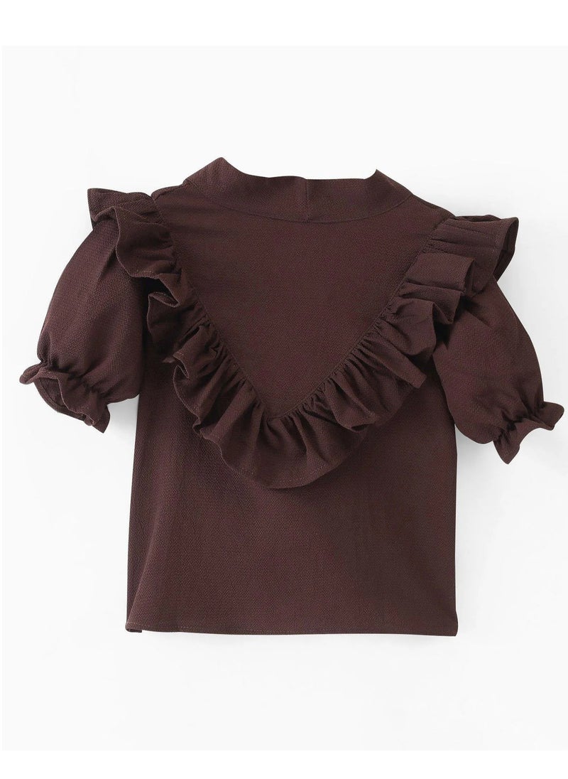 OLLINGTON ST. Woven Frill Sleeves Top With Bow & Twill Culottes & Belt- Brown & Beige