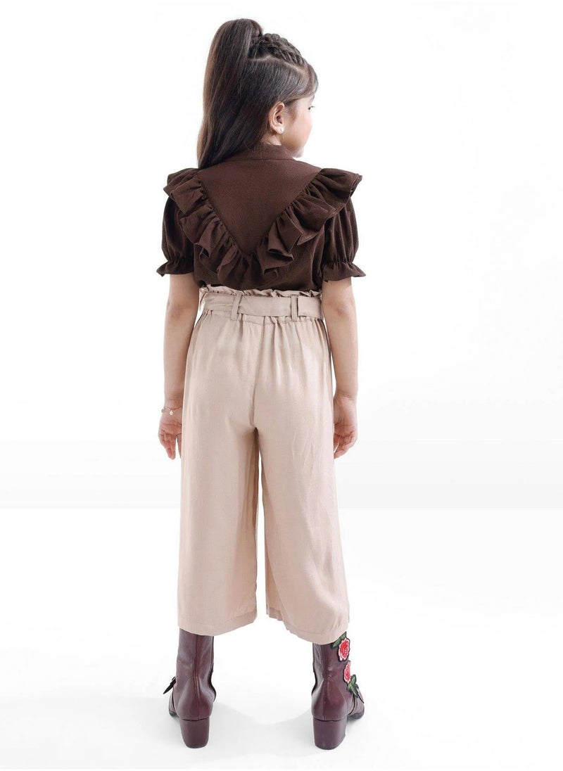 OLLINGTON ST. Woven Frill Sleeves Top With Bow & Twill Culottes & Belt- Brown & Beige