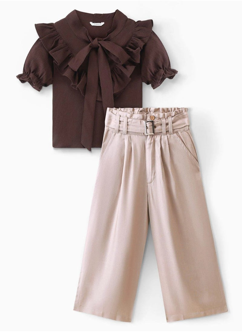 OLLINGTON ST. Woven Frill Sleeves Top With Bow & Twill Culottes & Belt- Brown & Beige