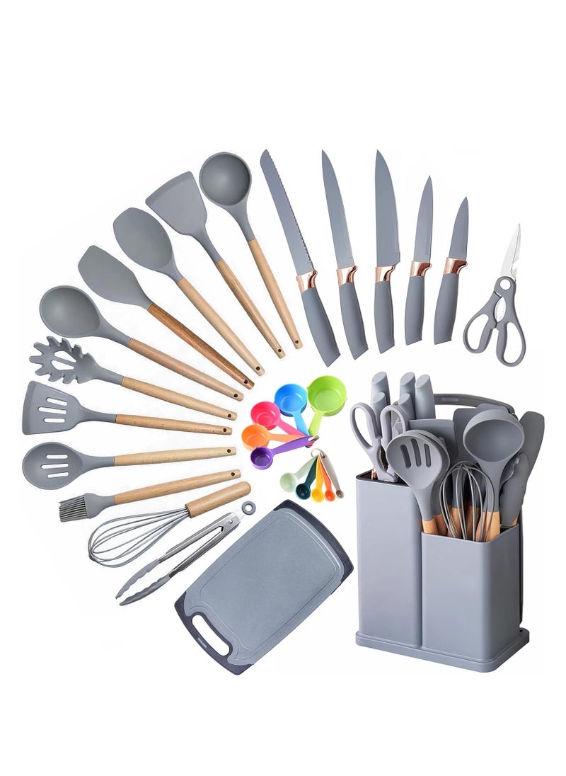 29-Piece Non-Stick Silicone Utensils and Stainless Steel Knives Set with Holder (Grey)