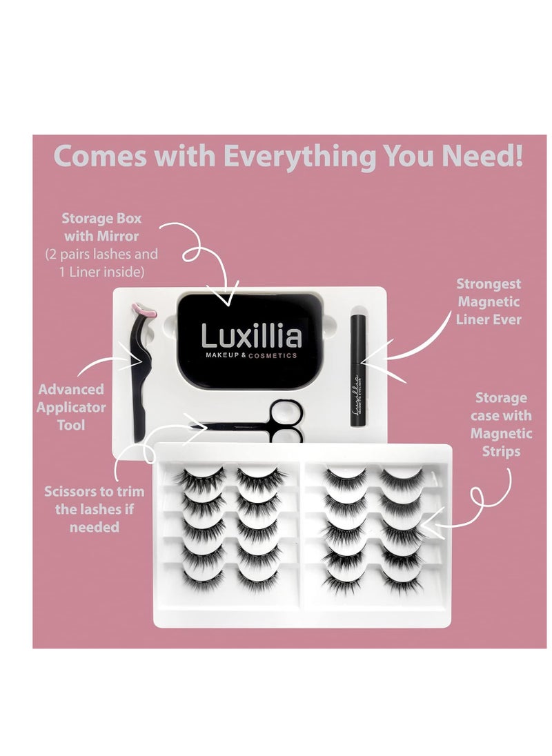 Luxillia Magnetic Eyelashes with Eyeliner 16 Piece Set, Most Natural Looking Magnetic Lashes Kit with Applicator, Best 8D, 3D Look, Reusable Fake Eye Lash, No Glue, Strongest Waterproof Liquid Liner