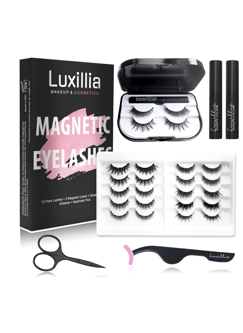 Luxillia Magnetic Eyelashes with Eyeliner 16 Piece Set, Most Natural Looking Magnetic Lashes Kit with Applicator, Best 8D, 3D Look, Reusable Fake Eye Lash, No Glue, Strongest Waterproof Liquid Liner