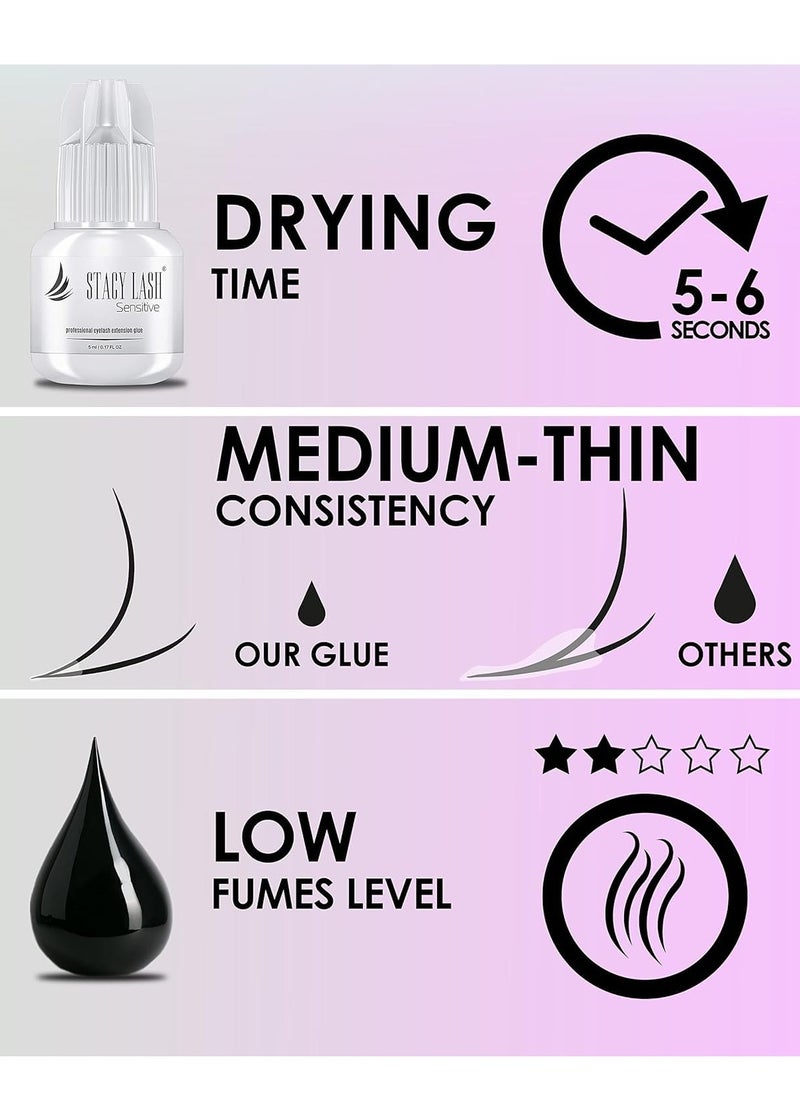 Sensitive Eyelash Extension Glue Stacy Lash 0.17fl.oz/5ml / 5-6 Sec Drying time/Retention – 4-5 Weeks/Black Adhesive/Professional Supplies