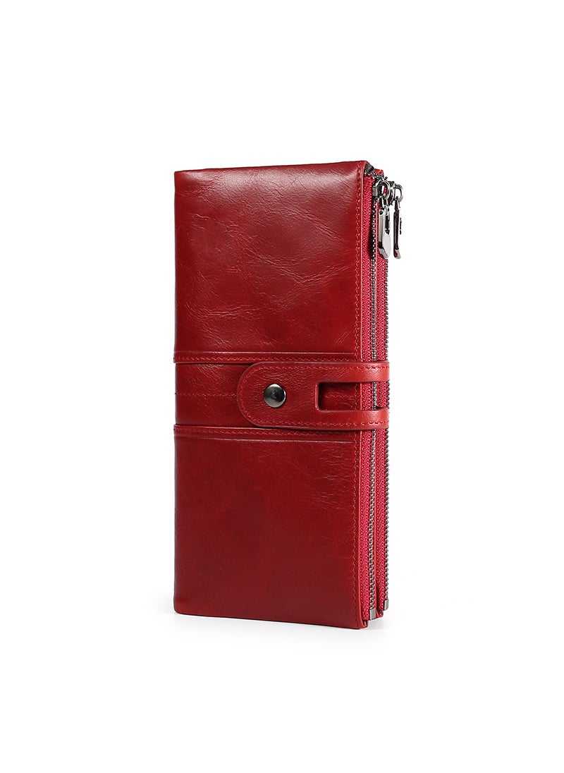 RFID-Blocking Long Leather Wallet UnisexBurgundy Burgundy