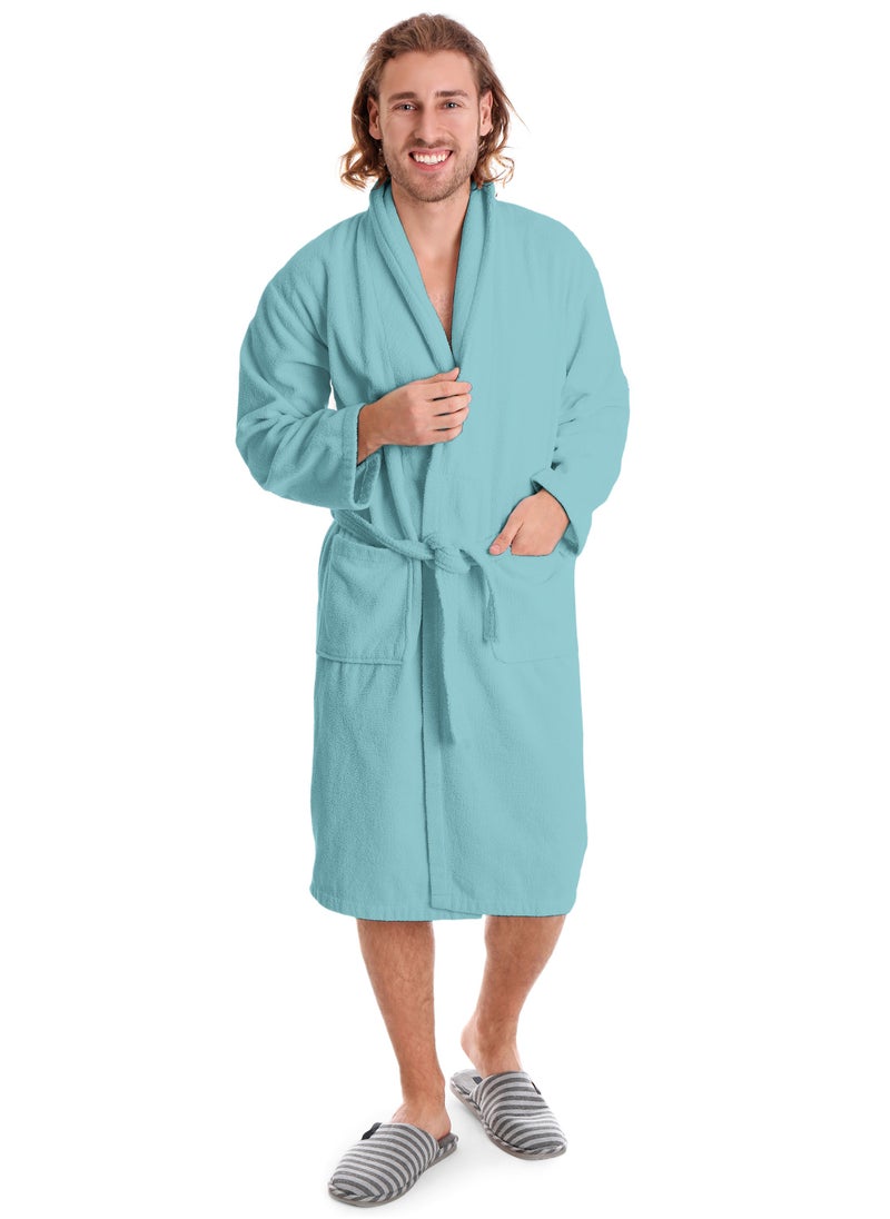 380 GSM Unisex Cotton Fleece Bathrobe Skin-friendly Breathable Nightgown Simple Hooded Home Clothes Blue