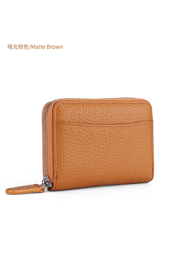 Japanese RFID Leather Coin Purse Unisex Zipper Matte brown