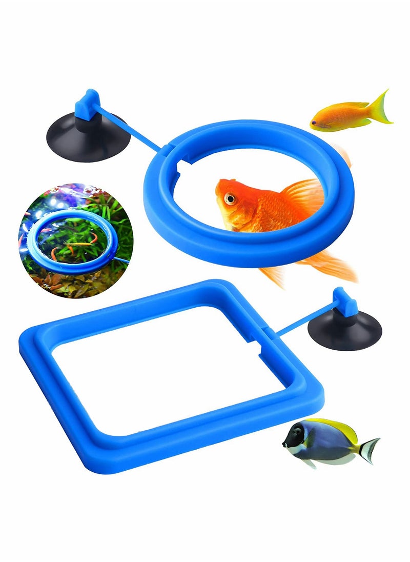 Fish Feeding Ring 2 Pcs Fish Safe Floating Food Feeder Circle Blue, with Suction Cup Easy to Install Aquarium, Fish Turtle Tank Accessories(Square+Circle)