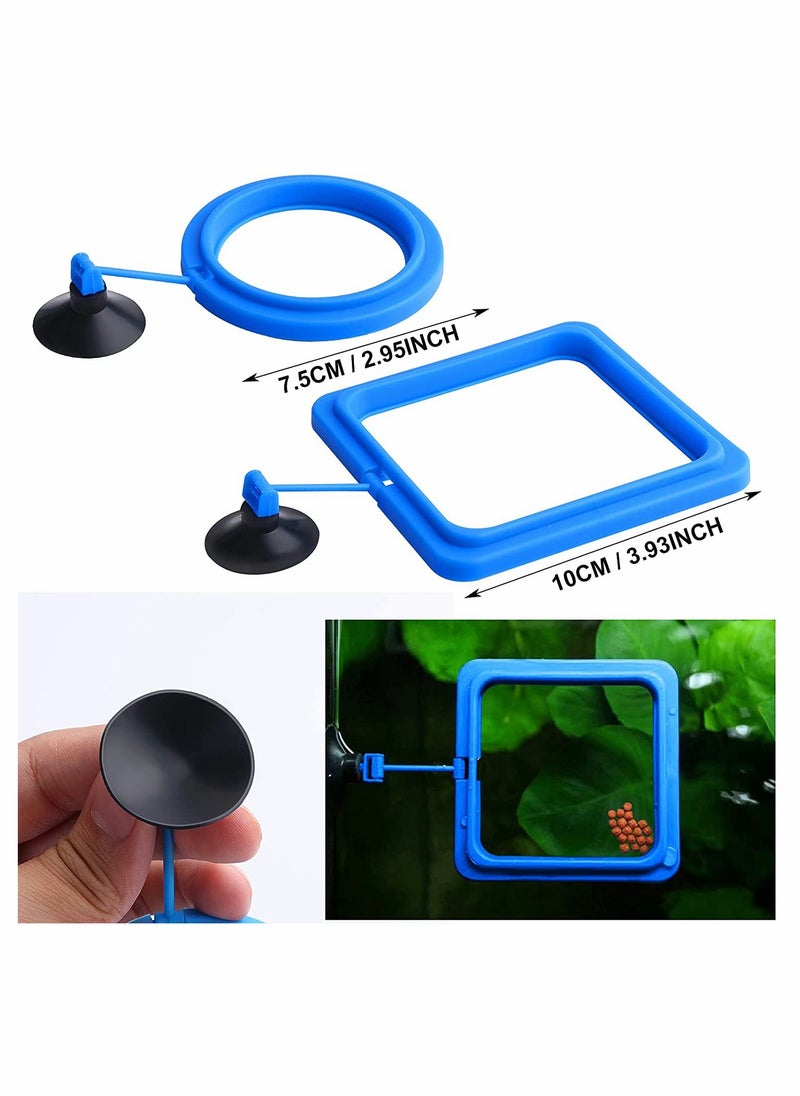 Fish Feeding Ring 2 Pcs Fish Safe Floating Food Feeder Circle Blue, with Suction Cup Easy to Install Aquarium, Fish Turtle Tank Accessories(Square+Circle)