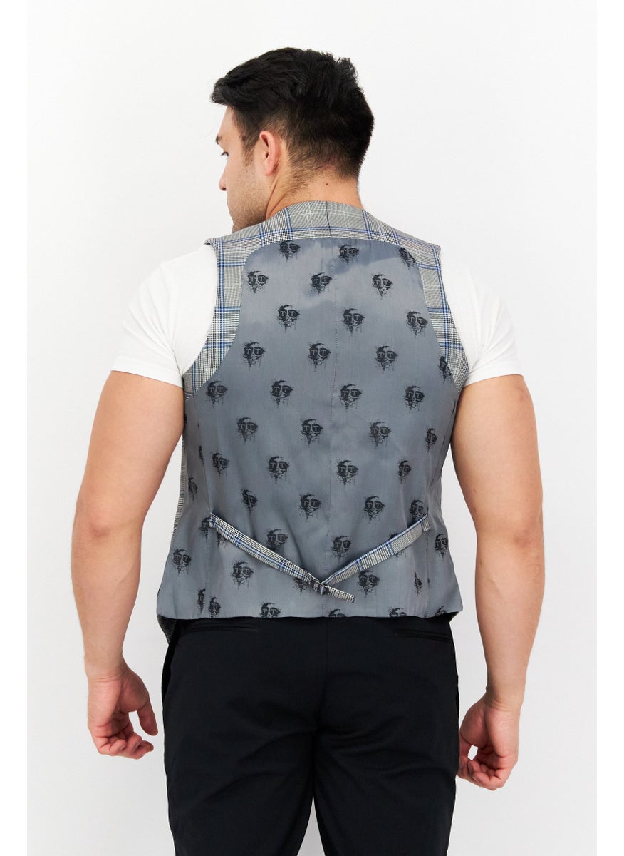 Men Regular Fit Plaid Vest, Grey/Blue