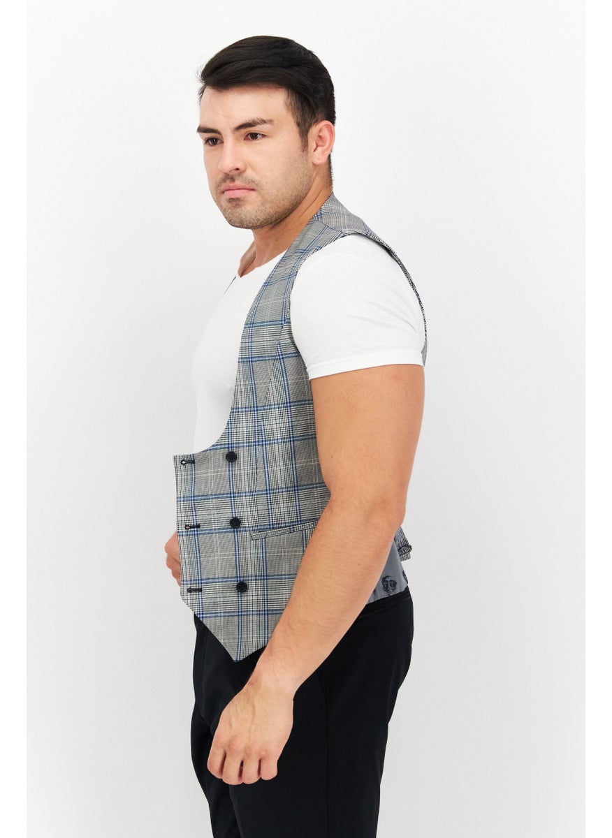 Men Regular Fit Plaid Vest, Grey/Blue