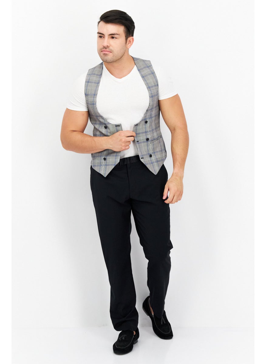 Men Regular Fit Plaid Vest, Grey/Blue