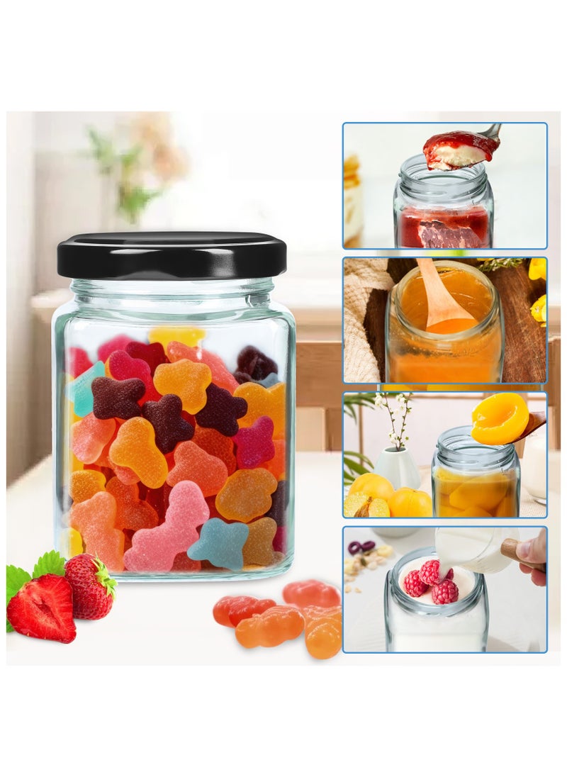 12Pack 8oz Square Glass Jar with Black Airtight Lids, Small Glass Mason Jar Canning Jars for Jam, Spices, Honey, Jelly, Baby Shower, Wedding Favor