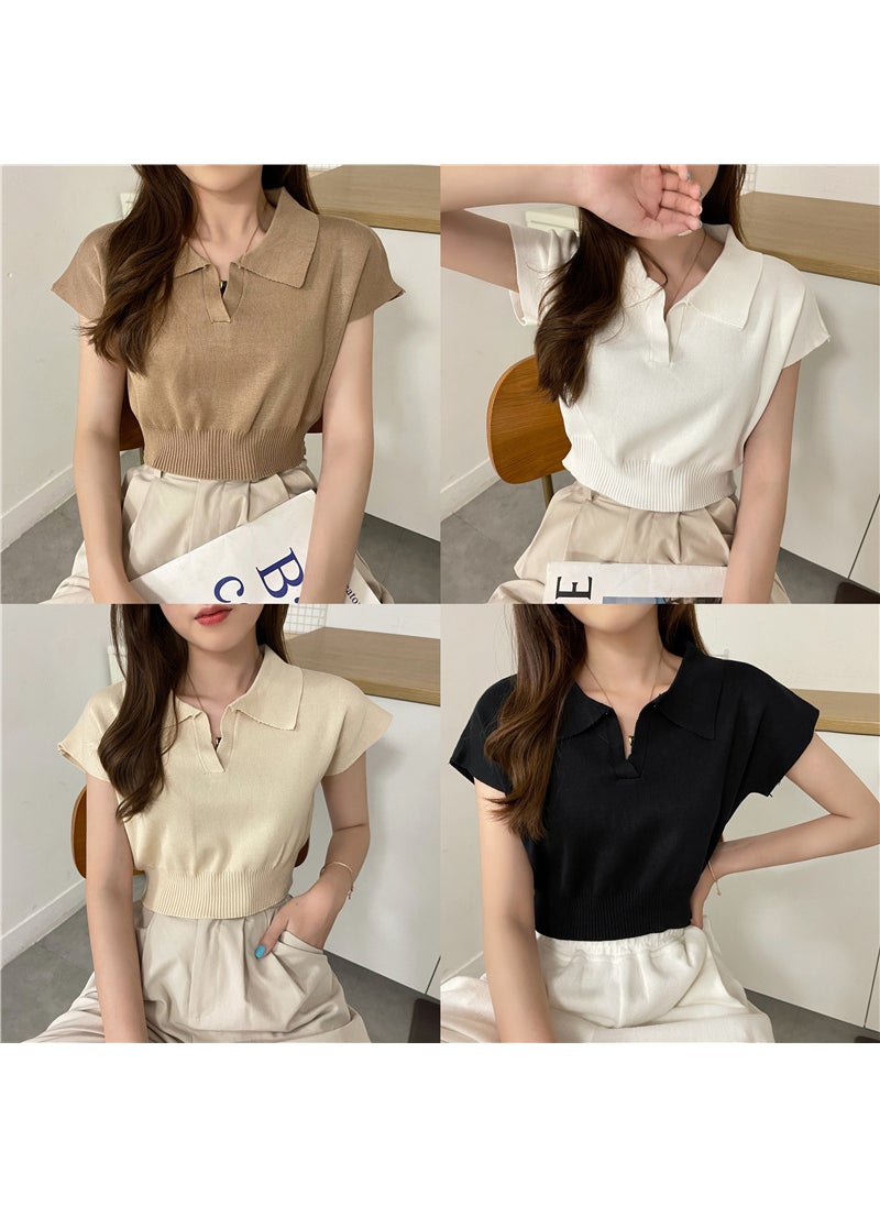 Slim Fit Short Sleeve Polo Top Womens Knitwear Summer 2024 Khaki