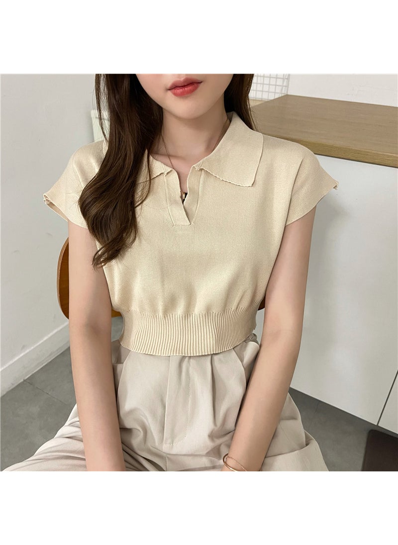 Slim Fit Short Sleeve Polo Top Womens Knitwear Summer 2024 Apricot