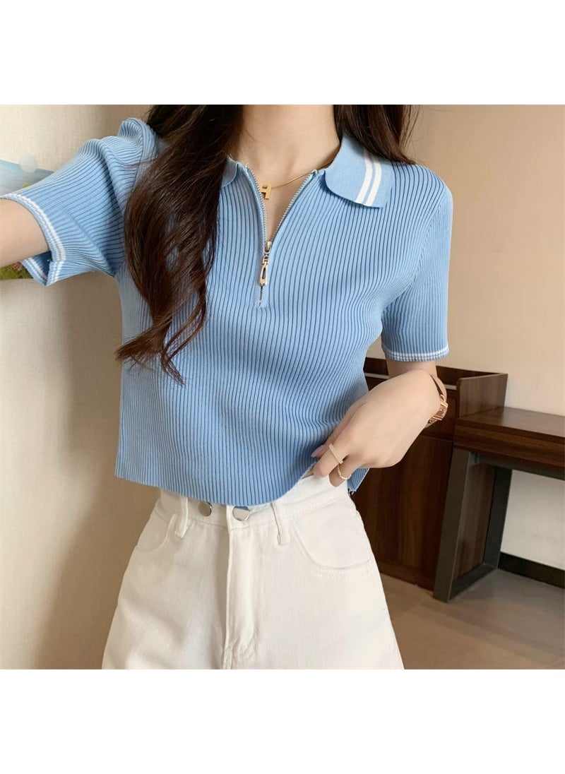 Summer Knit Polo Tee Petite Slim-fit Blue