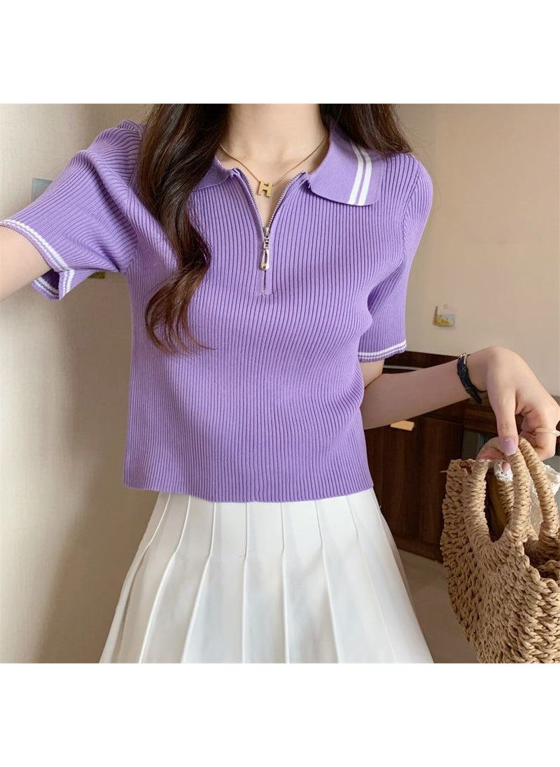 Summer Knit Polo Tee Petite Slim-fit Purple