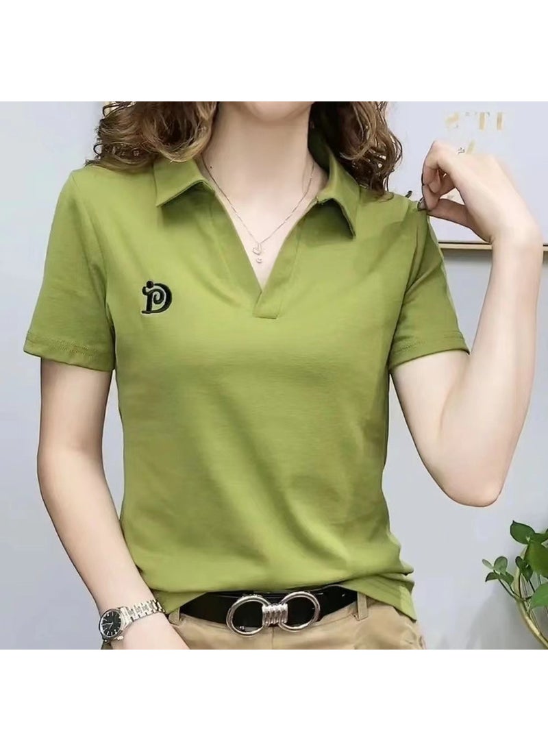 2023 Trendy Womens V-Neck Polo Tee Summer Casual Green